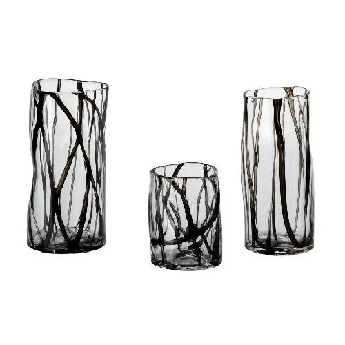 Handmade Mouthblown Cylinder Glass Vase Black Stripes Design Wedding Centerpiece Bright Colored Black Silk