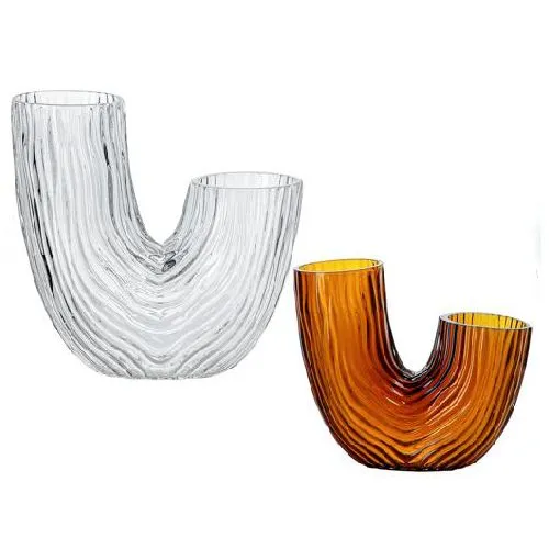 U Shaped Ribbed Glass Vase Modern Hand Blown Textured Vase for Home Decor