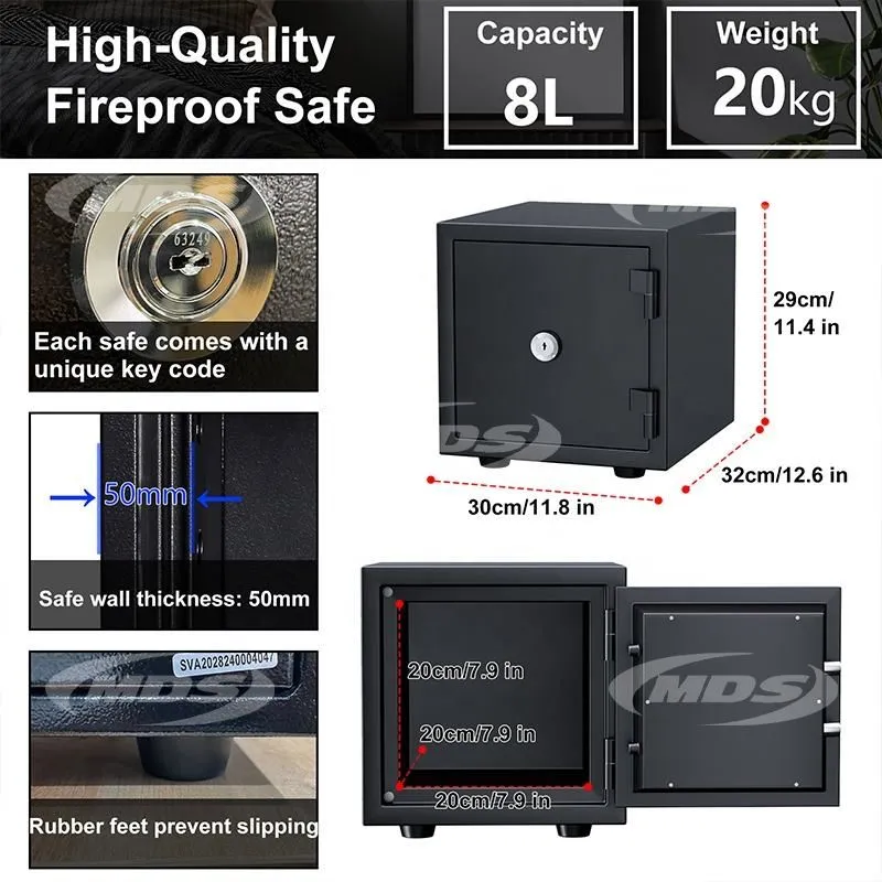 High Quality UL72 1-Hour Fire Resistance Smart Security Safe Box Key Lock 8L Black Fireproof Safe Box for Home Office Bank