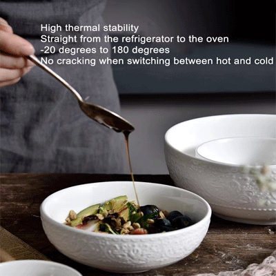 Home tableware porcelain rice salad soup deep serving bowl embossed pattern ceramic white bowls
