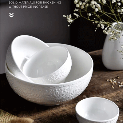 Home tableware porcelain rice salad soup deep serving bowl embossed pattern ceramic white bowls