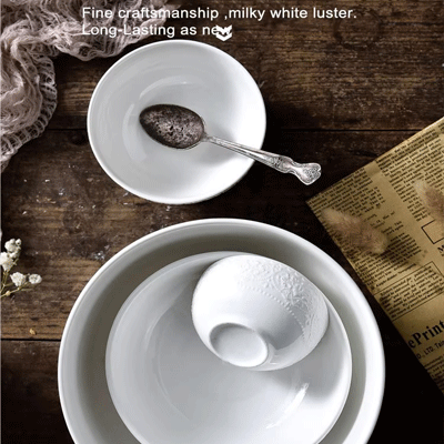 Home tableware porcelain rice salad soup deep serving bowl embossed pattern ceramic white bowls