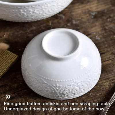 Home tableware porcelain rice salad soup deep serving bowl embossed pattern ceramic white bowls