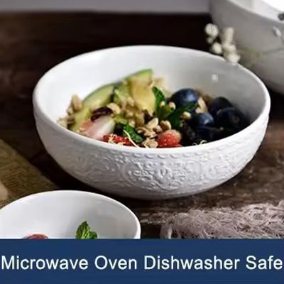 Home tableware porcelain rice salad soup deep serving bowl embossed pattern ceramic white bowls