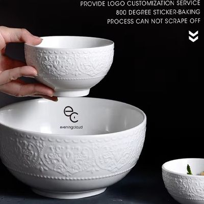 Home tableware porcelain rice salad soup deep serving bowl embossed pattern ceramic white bowls