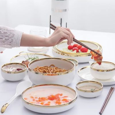 Simple style dinnerware set gold rim soup bowls ceramic white porcelain rice bowls