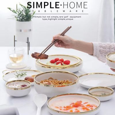 Simple style dinnerware set gold rim soup bowls ceramic white porcelain rice bowls
