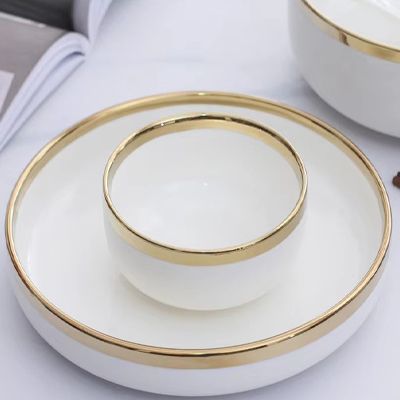 Simple style dinnerware set gold rim soup bowls ceramic white porcelain rice bowls