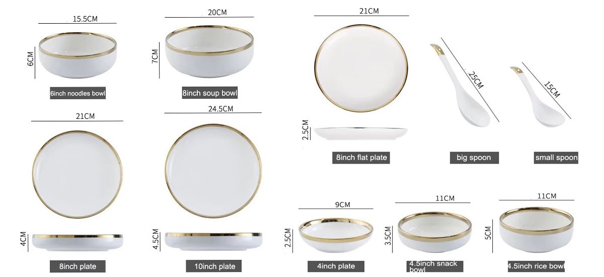 Simple style dinnerware set gold rim soup bowls ceramic white porcelain rice bowls