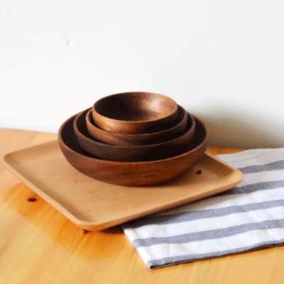 Thailand acacia wooden serving bowls flat bottom retro large natural acacia salad wood bowl