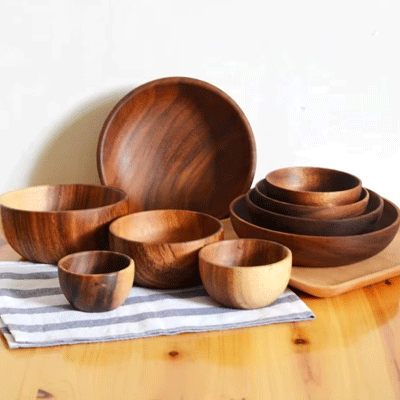 Thailand acacia wooden serving bowls flat bottom retro large natural acacia salad wood bowl