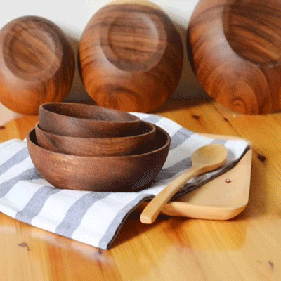 Thailand acacia wooden serving bowls flat bottom retro large natural acacia salad wood bowl