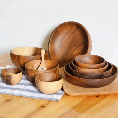 Thailand acacia wooden serving bowls flat bottom retro large natural acacia salad wood bowl