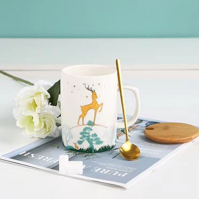 Custom printed deer ceramics coffee mugs wedding companion gift box ceramic mug set with lid and spoon