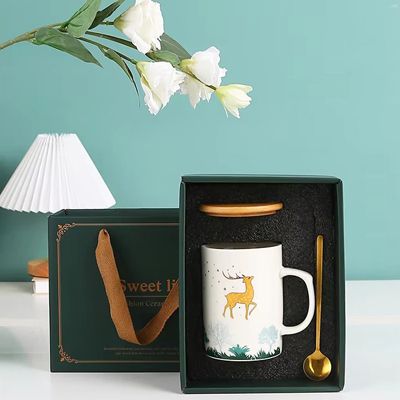 Custom printed deer ceramics coffee mugs wedding companion gift box ceramic mug set with lid and spoon