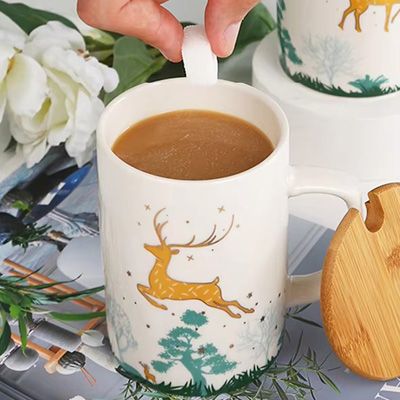 Custom printed deer ceramics coffee mugs wedding companion gift box ceramic mug set with lid and spoon