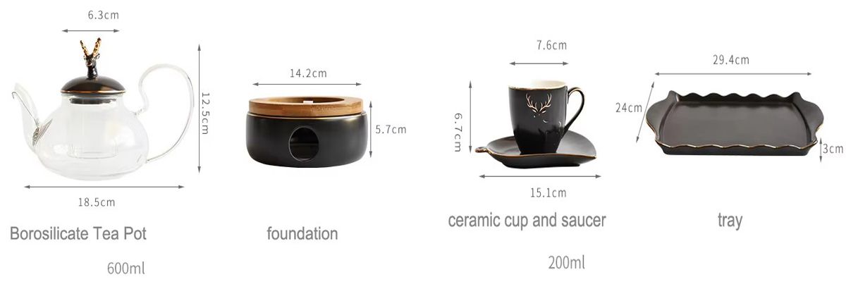 Modern black gift box luxury porcelain cup saucer heating base sets ceramic tea set with glass teapot