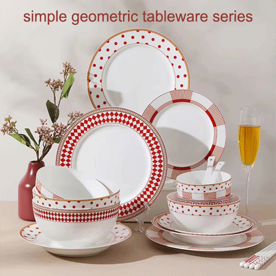 Ceramic dinner plates geometric tableware set red food plate set soup bowl plate and bowls set for restaura