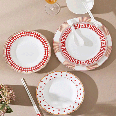 Ceramic dinner plates geometric tableware set red food plate set soup bowl plate and bowls set for restaura