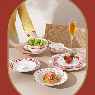 Ceramic dinner plates geometric tableware set red food plate set soup bowl plate and bowls set for restaura