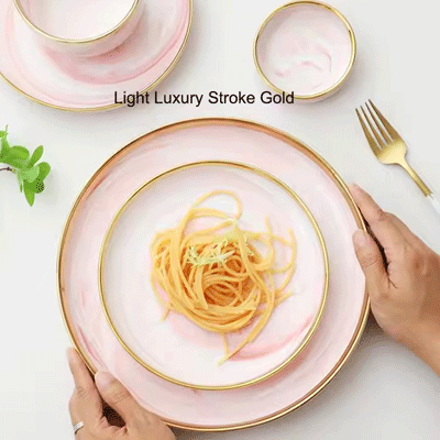 Custom juegos de vajilla marble pink glaze tableware charger plates luxury ceramic dinnerware sets with golden edge