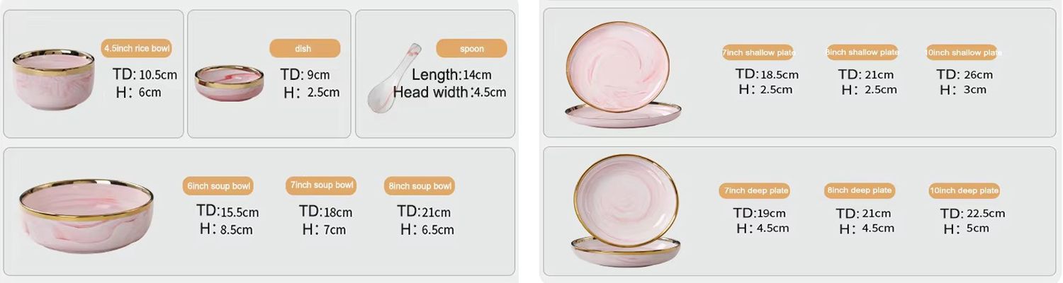 Custom juegos de vajilla marble pink glaze tableware charger plates luxury ceramic dinnerware sets with golden edge