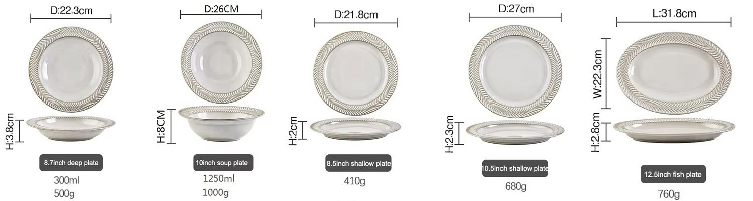 Custom White Ceramic Dinnerware Embossed Bowls Dishes Mugs Plates White Porcelain Dinnerware Set Carton Customized Logo Cup Kit