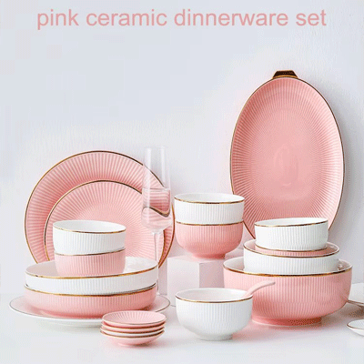 Gold rim pink ceramic dishes dinnerware sets 12pcs color glaze light luxury ceramic plates and bowls set