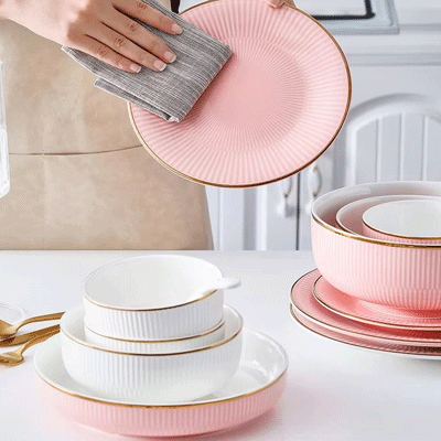 Gold rim pink ceramic dishes dinnerware sets 12pcs color glaze light luxury ceramic plates and bowls set