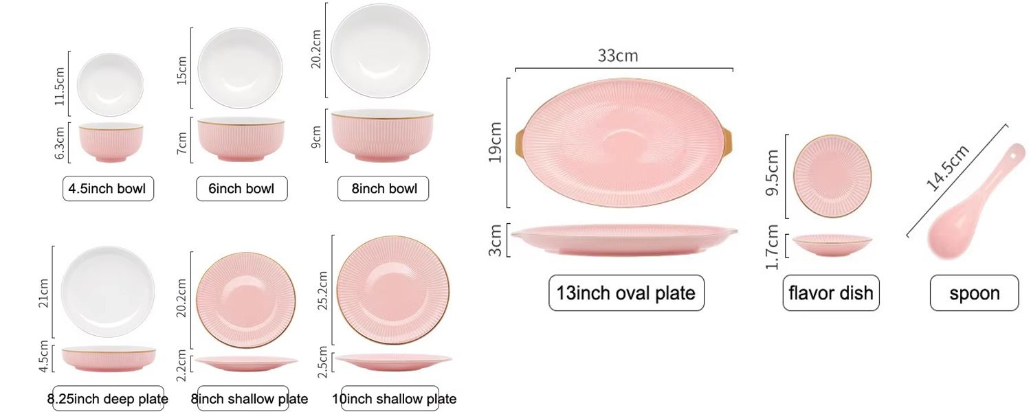 Gold rim pink ceramic dishes dinnerware sets 12pcs color glaze light luxury ceramic plates and bowls set