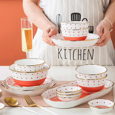 Light luxury stroke gold polka dot ceramics tableware set japanese fiesta ceramic dinnerware