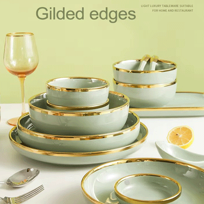 Nordic hotel home 26pcs dinnerware set gold rim matcha green luxury ceramic dinner plates set