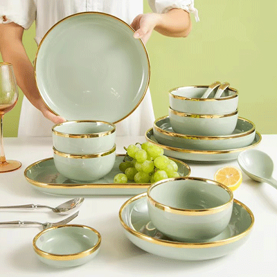Nordic hotel home 26pcs dinnerware set gold rim matcha green luxury ceramic dinner plates set