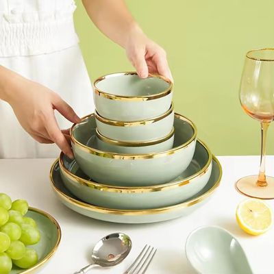 Nordic hotel home 26pcs dinnerware set gold rim matcha green luxury ceramic dinner plates set
