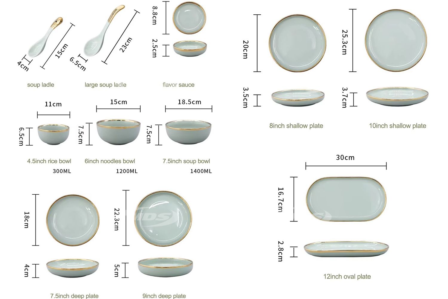 Nordic hotel home 26pcs dinnerware set gold rim matcha green luxury ceramic dinner plates set