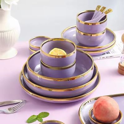 Purple luxury gold rim tableware ceramic dinner dishes bowl plates german porcelain dinnerware sets