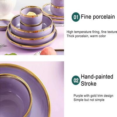 Purple luxury gold rim tableware ceramic dinner dishes bowl plates german porcelain dinnerware sets