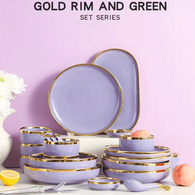 Purple luxury gold rim tableware ceramic dinner dishes bowl plates german porcelain dinnerware sets