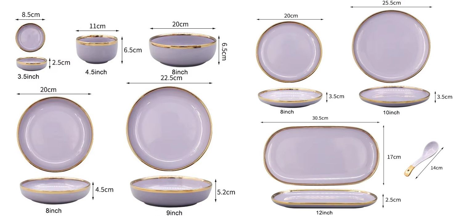 Purple luxury gold rim tableware ceramic dinner dishes bowl plates german porcelain dinnerware sets
