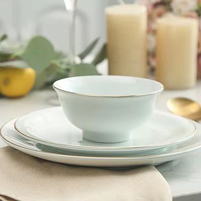 Restaurant hotel supplies pale green gold edge tableware plate bowl dish set ceramic dinnerware dinner sets