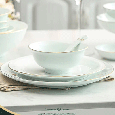 Restaurant hotel supplies pale green gold edge tableware plate bowl dish set ceramic dinnerware dinner sets