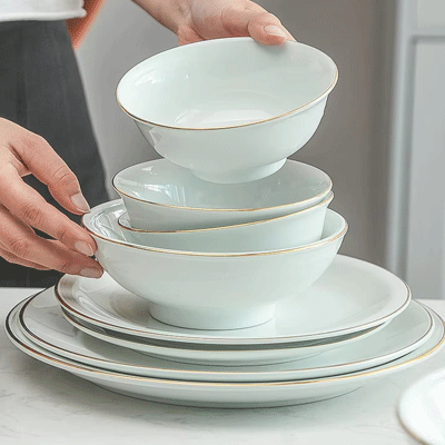 Restaurant hotel supplies pale green gold edge tableware plate bowl dish set ceramic dinnerware dinner sets
