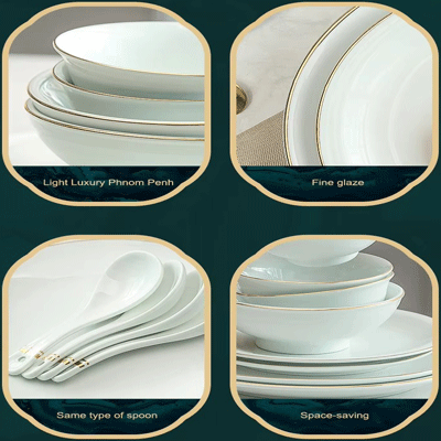 Restaurant hotel supplies pale green gold edge tableware plate bowl dish set ceramic dinnerware dinner sets