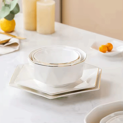 Simple nordic hexagonal ceramic plates and bowls set luxury gold rim ceramic plates dinnerware sets