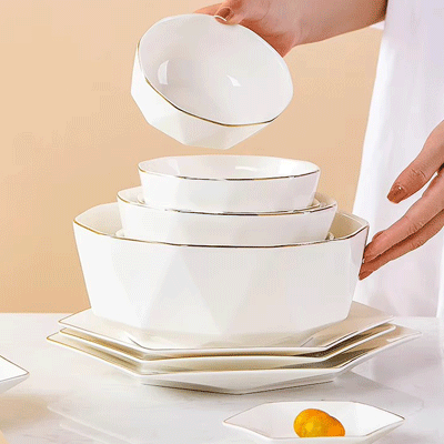 Simple nordic hexagonal ceramic plates and bowls set luxury gold rim ceramic plates dinnerware sets