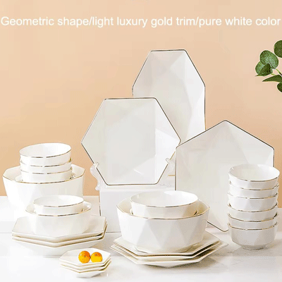 Simple nordic hexagonal ceramic plates and bowls set luxury gold rim ceramic plates dinnerware sets
