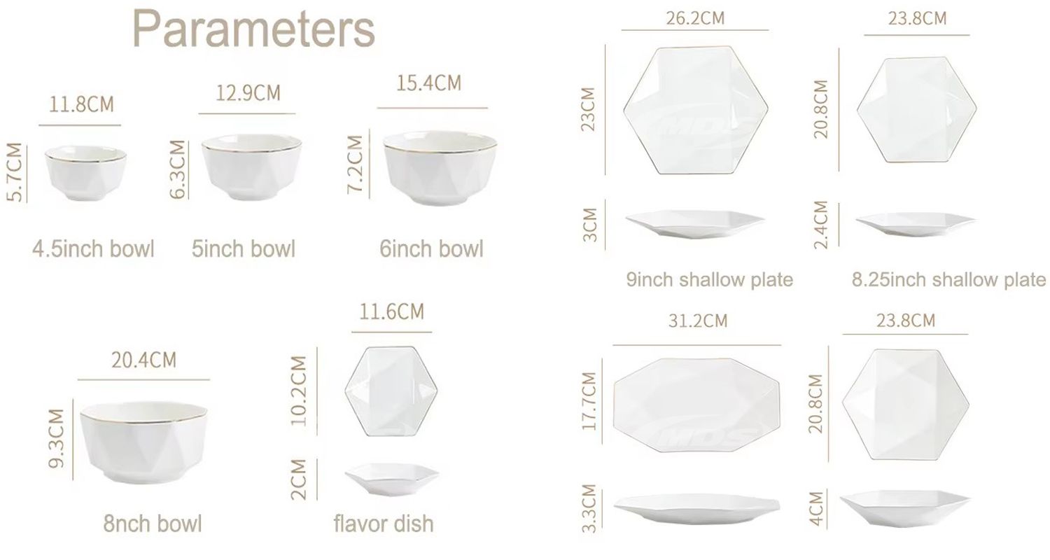 Simple nordic hexagonal ceramic plates and bowls set luxury gold rim ceramic plates dinnerware sets
