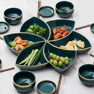 Triangle gold rim glaze ceramic serving platters set bowls dishes ceramic plates dinnerware