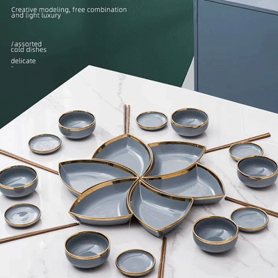 Triangle gold rim glaze ceramic serving platters set bowls dishes ceramic plates dinnerware