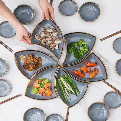 Triangle gold rim glaze ceramic serving platters set bowls dishes ceramic plates dinnerware